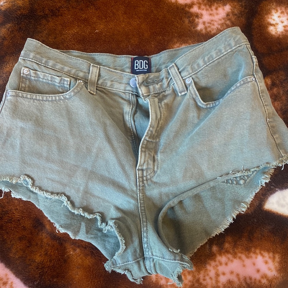 BDG army green mini high rise jean shorts